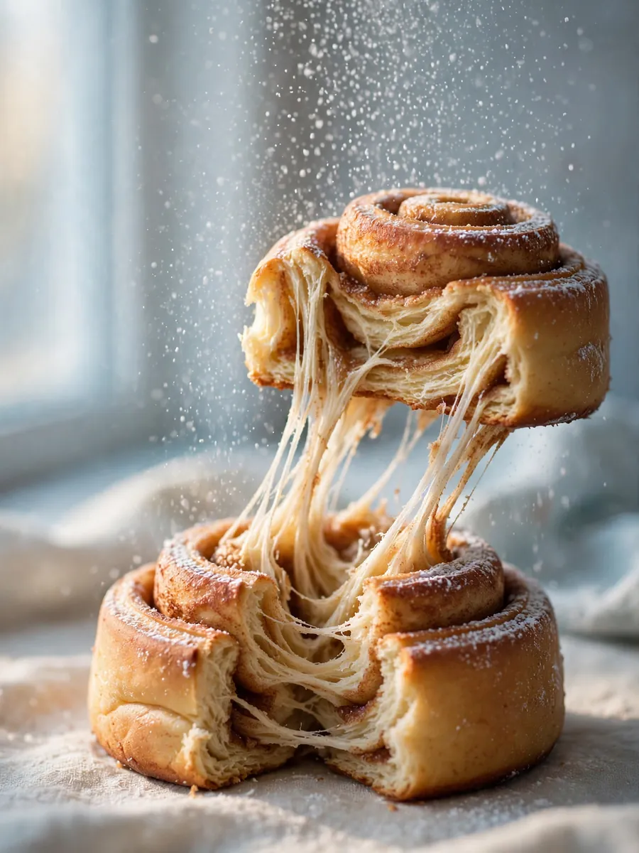 A cinnamon roll pulled apart