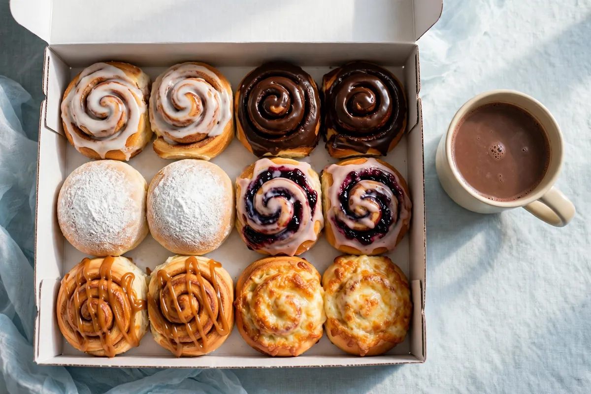 A box of twelve assorted buns with hot chocolate