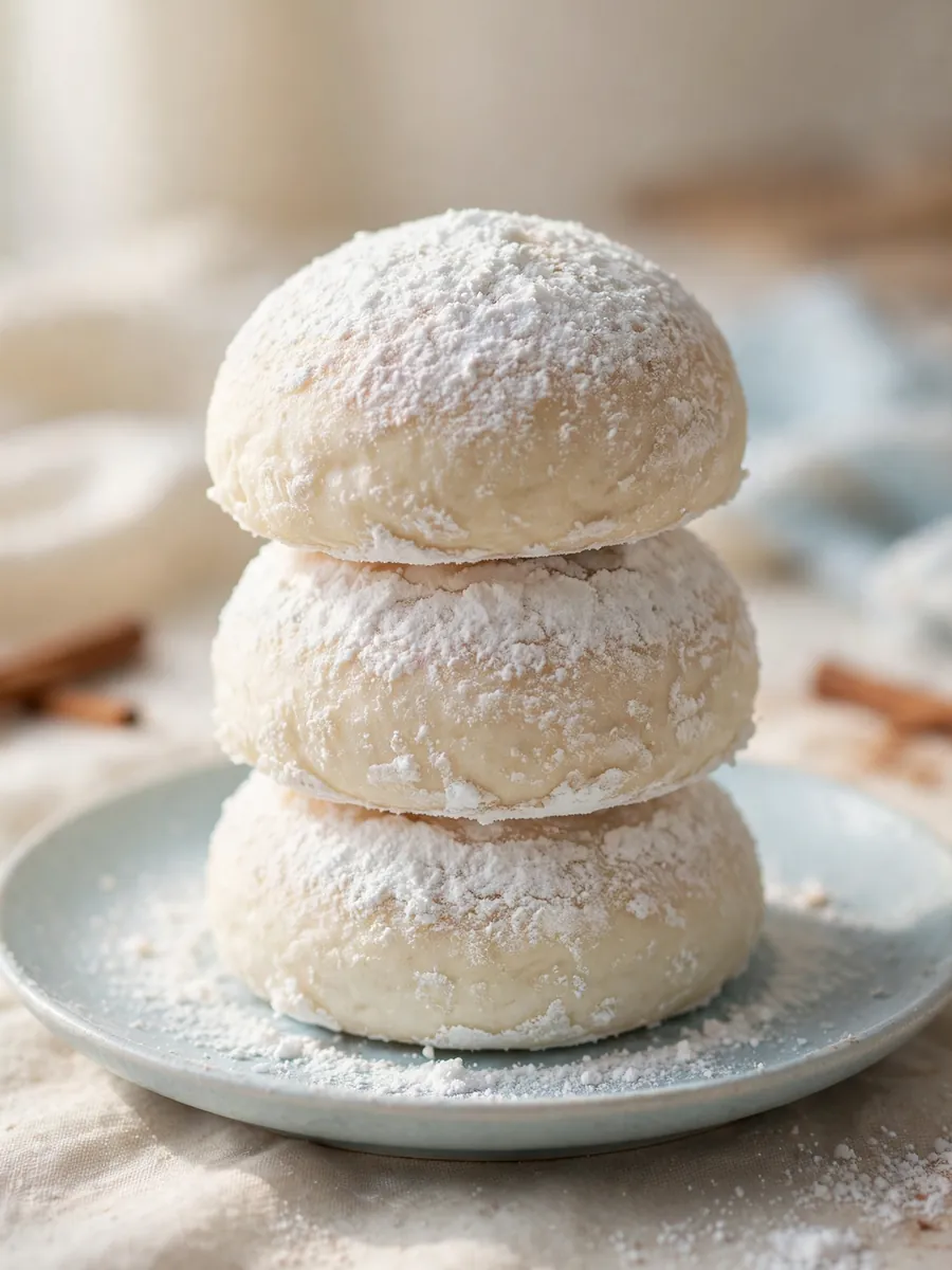Three snow sugar buns stacked on a plate