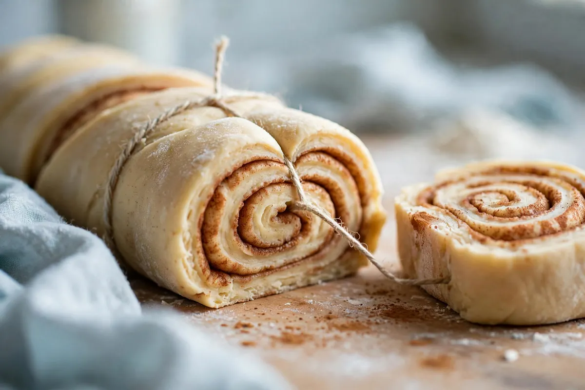 Rolls being cut from a log of cinnamon dough