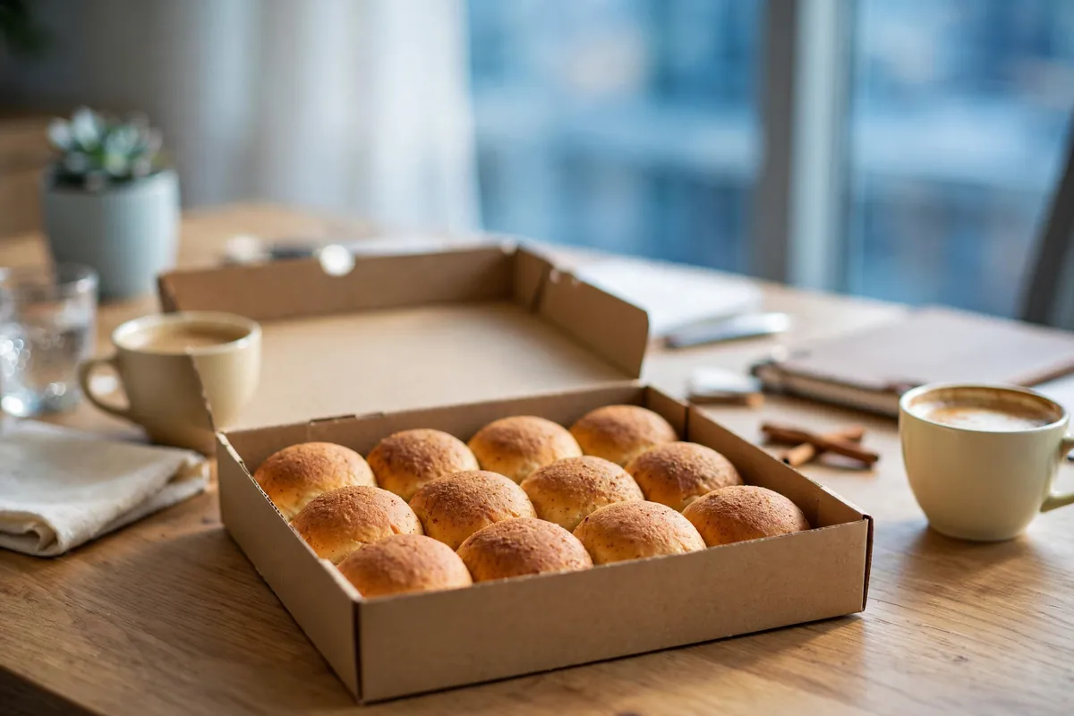 A box of buns on a meeting table