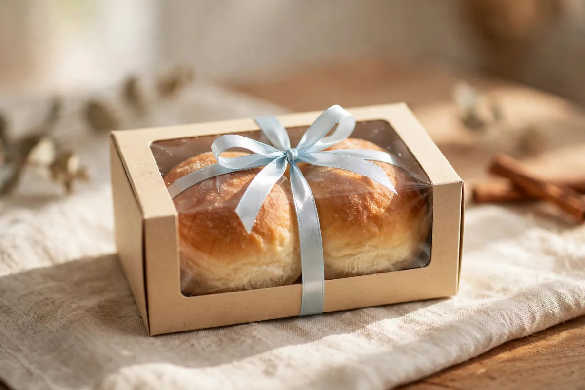 Two buns in a gift box with a ribbon