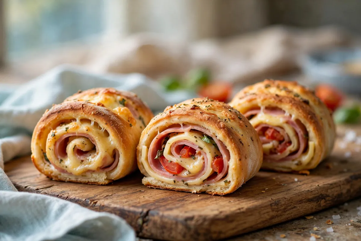 Savory buns with cheese, ham and tomato on a board