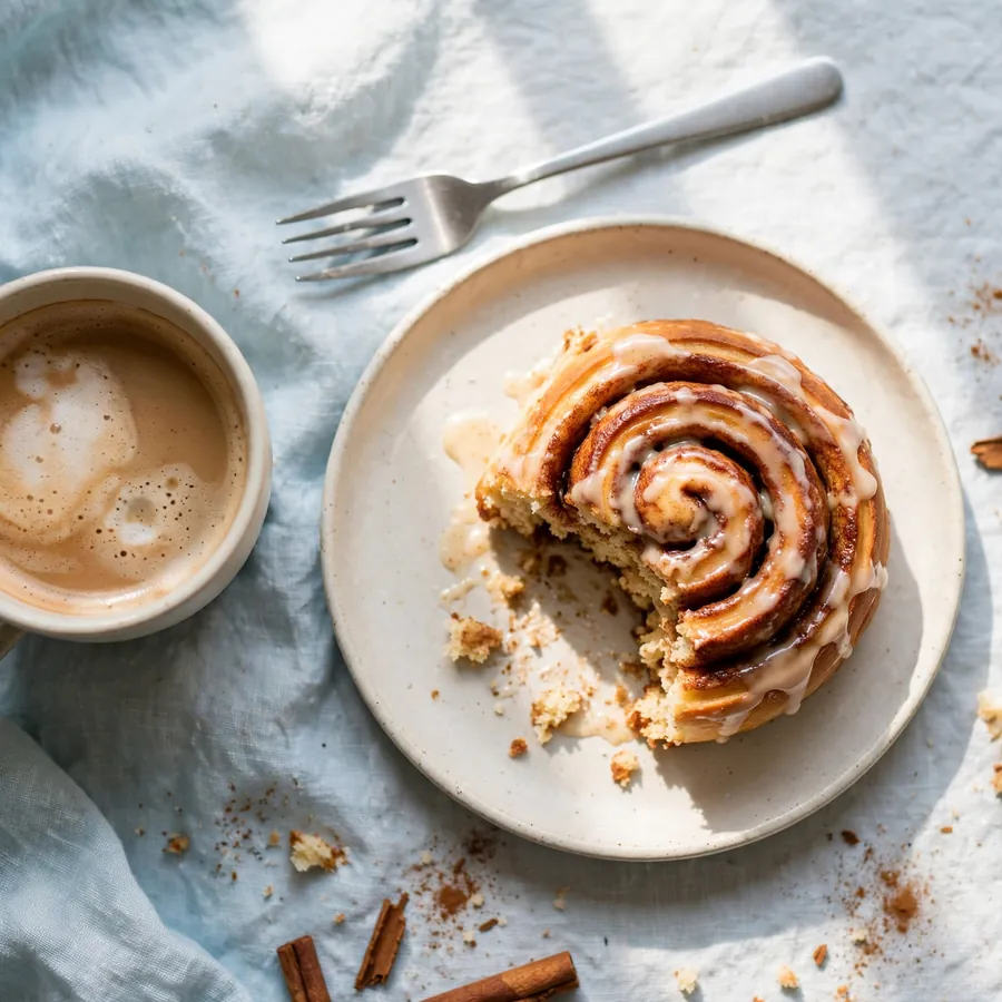 A half-eaten cinnamon roll with coffee